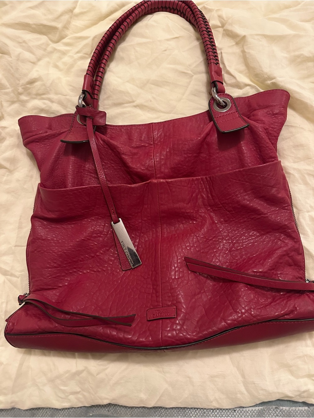 Vince Camuto Red Leather Braided-Handle Tote